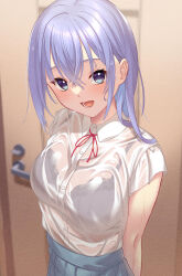 Rule 34 | 1girl, absurdres, arms behind back, black bra, blue hair, blue skirt, bra, breasts, collared shirt, dress shirt, fumimaru, highres, idolmaster, idolmaster shiny colors, indoors, large breasts, long hair, looking at viewer, neck ribbon, open mouth, purple eyes, red ribbon, ribbon, see-through, shirt, skirt, smile, solo, suzuki hana, underwear, upper body, wet, wet clothes, wet shirt, white shirt