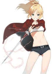Rule 34 | 1girl, 2l (2lsize), bad id, bad pixiv id, blonde hair, casual, clarent (fate), commentary request, fate/apocrypha, fate (series), gluteal fold, green eyes, grin, highres, holding, holding sword, holding weapon, jacket, long hair, looking at viewer, midriff, mordred (fate), mordred (fate/apocrypha), mordred (memories at trifas) (fate), navel, ponytail, red jacket, short shorts, shorts, smile, solo, sword, thigh gap, weapon, white background