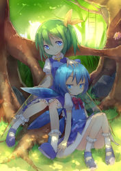 Rule 34 | 2girls, ascot, blue dress, blue eyes, blue hair, blue skirt, bobby socks, bow, child, cirno, daiyousei, dappled sunlight, dress, fairy wings, flower, forest, fred04142, grass, green hair, hair bow, hair ribbon, hand on another&#039;s head, ice, ice wings, jitome, ladder, mary janes, multiple girls, nature, outdoors, panties, pantyshot, ponytail, ribbon, rock, roots, shoes, short hair, short ponytail, side ponytail, sitting, skirt, smile, socks, sunlight, touhou, tree, tree shade, under tree, underwear, white legwear, white panties, wings, yousei daisensou