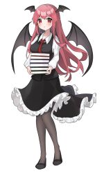 Rule 34 | 1girl, bat wings, black footwear, black pantyhose, black skirt, black vest, book, collared shirt, commentary, frilled skirt, frills, full body, head wings, highres, holding, holding book, koakuma, long hair, long sleeves, looking at viewer, machimo, multiple wings, necktie, pantyhose, pink hair, red eyes, red necktie, shirt, simple background, skirt, solo, touhou, vest, white background, white shirt, wings