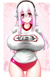 Rule 34 | 1girl, blush, breasts, buruma, gym uniform, headphones, huge breasts, impossible clothes, impossible shirt, long hair, looking at viewer, nitroplus, perepere-kun, pink eyes, pink hair, shirt, smile, solo, super sonico