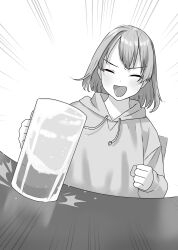 Rule 34 | 1girl, alcohol, beer, beer mug, blush, chair, clenched hand, closed eyes, cup, doushimasho, drunk, highres, holding, holding cup, hood, hooded jacket, hoodie, jacket, koibito ijou no koto wo kanojo janai kimi to, long sleeves, minase ito, monochrome, motion lines, mug, open mouth, short hair, simple background, table, white background