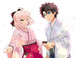 Rule 34 | 1boy, 1girl, ahoge, aqua eyes, black bow, black hair, blonde hair, bow, cherry blossoms, cimeri, closed mouth, commentary request, fate/grand order, fate (series), fujimaru ritsuka (male), hair bow, holding hands, japanese clothes, kimono, okita souji (fate), okita souji (koha-ace), one eye closed, open mouth, short hair, white background, yellow eyes