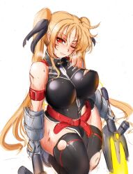 Rule 34 | 1girl, alternate breast size, arm belt, bardiche (nanoha), bardiche (riot zanber stinger) (nanoha), belt, black leotard, black ribbon, black thighhighs, blonde hair, blood, blood on face, breasts, commentary, energy sword, fate testarossa, fate testarossa (true sonic form), gauntlets, hair ribbon, highres, holding, holding sword, holding weapon, injury, large breasts, leotard, long hair, looking at viewer, lyrical nanoha, mahou shoujo lyrical nanoha strikers, one eye closed, red belt, red eyes, ribbon, simple background, solo, suga leon, sword, thighhighs, torn clothes, torn thighhighs, twintails, weapon, white background