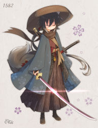 Rule 34 | 1girl, absurdres, animal ear fluff, animal ears, black hair, black legwear, black scarf, bridal gauntlets, brown footwear, brown hakama, brown hat, brown kimono, cherry blossom print, closed eyes, closed mouth, coreytaiyo, dated, floral background, floral print, fox ears, fox girl, fox tail, full body, gradient hair, grey background, grey hair, hair between eyes, hakama, hakama pants, hat, highres, holding, holding sword, holding weapon, japanese clothes, katana, kimono, long hair, long sleeves, low ponytail, multicolored hair, open clothes, original, pants, ponytail, samurai, sandogasa, scarf, sheath, sheathed, signature, solo, standing, sword, tail, torn clothes, torn scarf, very long hair, weapon, wide sleeves