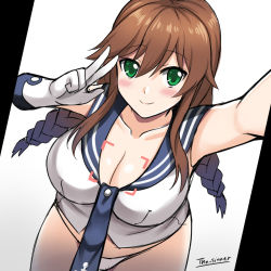 Rule 34 | 10s, 1girl, artist name, blue necktie, blush, braid, breasts, brown hair, cleavage, collarbone, dutch angle, english text, eyebrows, green eyes, hair between eyes, highres, kantai collection, large breasts, leaning forward, long hair, looking at viewer, medium breasts, necktie, no pants, noshiro (kancolle), panties, sailor collar, selfie, shirt, sketch, sleeveless, sleeveless shirt, smile, solo, the-sinner, twin braids, underwear, viewfinder, w, white hair, white panties
