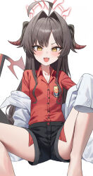 Rule 34 | 1girl, absurdres, ahoge, black hair, black horns, black shorts, black tail, blue archive, blush, buttons, coat, collarbone, collared shirt, commentary, damcheong, demon horns, demon tail, fang, hair intakes, halo, highres, horns, kasumi (blue archive), lab coat, long hair, looking at viewer, open mouth, red shirt, shirt, shorts, simple background, sleeves past fingers, sleeves past wrists, smile, solo, tail, white background, white coat, yellow eyes