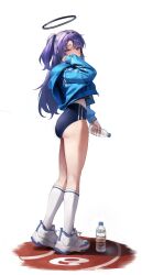 Rule 34 | 1girl, absurdres, black buruma, blue archive, blue jacket, bottle, buruma, choisd4516, facial tattoo, from side, full body, gym uniform, halo, hand up, highres, holding, holding bottle, jacket, kneehighs, long hair, long sleeves, looking at viewer, official alternate costume, one side up, open clothes, open jacket, purple eyes, purple hair, shoes, simple background, socks, standing, star tattoo, sweat, tattoo, white background, white footwear, white socks, yuuka (blue archive), yuuka (track) (blue archive), zipper pull tab