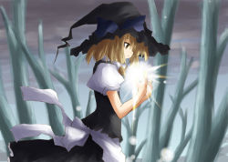 Rule 34 | 1girl, female focus, hair ribbon, hat, kirisame marisa, nature, outdoors, plant, ribbon, skirt, sky, solo, touhou, witch, witch hat