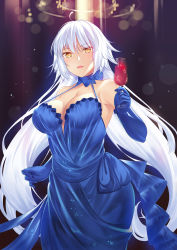 Rule 34 | 1girl, ahoge, alcohol, bare shoulders, blue dress, blue gloves, blush, breasts, cleavage, collarbone, commentary request, cowboy shot, cup, dress, drinking glass, elbow gloves, evening gown, fate/grand order, fate (series), gloves, highres, holding, holding cup, jeanne d&#039;arc (fate), jeanne d&#039;arc alter (avenger) (fate), jeanne d&#039;arc alter (fate), jeanne d&#039;arc alter (holy night supper) (fate), large breasts, lens flare, light, long hair, looking at viewer, majin (kiidoumajin), official alternate costume, open mouth, orange eyes, silver hair, solo, straight hair, very long hair, wine, wine glass