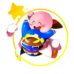 Rule 34 | ^ ^, animal ears, belt, belt buckle, belt collar, blue belt, blue hood, blush stickers, buckle, cape, circle, clenched hands, closed eyes, collar, colored skin, commentary request, covered mouth, disembodied hand, gear print, gloves, hand up, kirby, kirby (series), magolor, nintendo, no humans, open mouth, pink skin, rayman limbs, red footwear, scarf, shirushiki, shoes, smile, solid eyes, star (symbol), sweatdrop, v-shaped eyebrows, v-shaped eyes, white background, white cape, white gloves, white scarf, yellow eyes