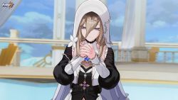 Rule 34 | 1girl, aponia (honkai impact), black dress, blue eyes, blue sky, brown hair, closed mouth, cloud, cloudy sky, dress, highres, honkai (series), honkai impact 3rd, long hair, long sleeves, looking at viewer, nun, official art, outdoors, own hands together, sky, solo