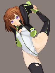 Rule 34 | 1girl, alice gear aegis, black jacket, black thighhighs, booth babe, breasts, brown hair, circle cutout, cleavage cutout, clothing cutout, cowboy shot, grey background, heattech leotard, highleg, highleg leotard, highres, jacket, kimikage yui, leotard, looking at viewer, medium hair, panda sasasa, purple eyes, race queen, simple background, small breasts, solo, split, standing, standing on one leg, standing split, stretching, thighhighs, turtleneck, twintails, white leotard, zipper pull tab