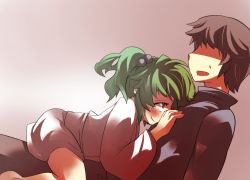 Rule 34 | 1girl, blush, commentary, fang, gaoo (frpjx283), green eyes, green hair, hair bobbles, hair ornament, hetero, kisume, open mouth, short hair, smile, sweatdrop, touhou