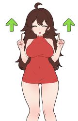 Rule 34 | 1girl, 5t (5t 000), absurdres, arrow (symbol), bare legs, blush, breasts, brown hair, closed eyes, covered navel, cowboy shot, dress, fingernails, friday night funkin&#039;, girlfriend (friday night funkin&#039;), gluteal fold, highres, large breasts, long fingernails, long hair, nail polish, open mouth, pink nails, pointing, pointing up, red dress, red skirt, short dress, simple background, skirt, solo, turtleneck, turtleneck dress, white background