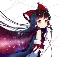 Rule 34 | 1girl, bow, detached sleeves, double exposure, from side, gradient hair, hair bow, hair ornament, hair ribbon, hair tubes, hakurei reimu, japanese clothes, long hair, long sleeves, looking at viewer, looking to the side, miebao, miko, multicolored eyes, multicolored hair, ribbon, shirt, simple background, skirt, skirt set, solo, star (sky), star (symbol), surreal, touhou, very long hair, white background, wide sleeves