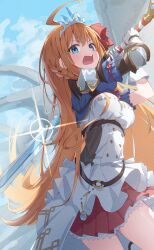 Rule 34 | 1girl, ahoge, bite mark, blue eyes, blue sky, breasts, diffraction spikes, film grain, gloves, hair ribbon, highres, holding, holding sword, holding weapon, incoming attack, large breasts, long hair, looking at viewer, open mouth, orange hair, pecorine (princess connect!), pleated skirt, princess connect!, puffy short sleeves, puffy sleeves, red ribbon, red skirt, ribbon, short sleeves, skirt, sky, solo, sword, tiara, uchiwa (utiwa 123), v-shaped eyebrows, very long hair, weapon, white gloves