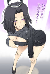Rule 34 | 10s, 1girl, alternate costume, ariga tou, ass, black dress, black footwear, black hair, black sweater, blush, breasts, cleavage, cleavage cutout, closed mouth, clothing cutout, dress, eyes visible through hair, hair intakes, halo, hand on own knee, headgear, kantai collection, large breasts, leaning forward, long sleeves, looking at viewer, mechanical halo, meme attire, naked sweater, no bra, open-chest sweater, purple eyes, ribbed sweater, shoes, short hair, smile, solo, sweater, sweater dress, tatsuta (kancolle), translation request, turtleneck, turtleneck sweater