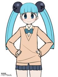 Rule 34 | 1girl, ball, baria-chan, blue bow, blue bowtie, blue eyes, blue hair, blue skirt, blunt bangs, bow, bowling ball, bowtie, cardigan, character name, closed mouth, collared shirt, commentary request, cowboy shot, hands on own hips, harau, long hair, long sleeves, looking at viewer, original, pleated skirt, shirt, simple background, skirt, smile, solo, standing, twintails, white background, white shirt, wing collar
