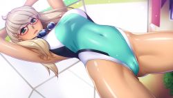 Rule 34 | 1girl, ahoge, armpits, arms behind head, arms up, blonde hair, blush, breasts, censored, competition swimsuit, covered navel, dark-skinned female, dark skin, female focus, game (=eroge) mitai na, suteki na koi ga shitai!, game cg, glasses, goggles, green eyes, groin, hadashi shoujo, highres, indoors, ino (magloid), large breasts, legs, legs apart, lisha lockheart, long hair, looking at viewer, mosaic censoring, one-piece swimsuit, original, parted lips, pussy, red-framed eyewear, solo, standing, swimsuit, thighs