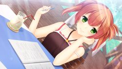 Rule 34 | 1girl, agekichi, asato saki, blush, book, breasts, chair, closed mouth, drink, female focus, from above, game cg, giuniu, green eyes, hair between eyes, hands up, head rest, holding, holding pen, kenja no okuri imouto, looking at viewer, medium breasts, orange hair, original, outdoors, pen, sitting, sleeveless, smile, solo, straw, sunlight, table, twintails, upper body, wooden floor