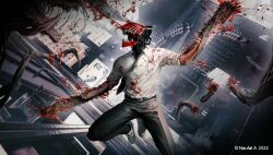 Rule 34 | 1boy, artist name, black necktie, black pants, blood, blood on clothes, blood splatter, blood spray, chainsaw, chainsaw man, cityscape, collared shirt, dated, denji (chainsaw man), facing to the side, highres, midair, naofaro, necktie, open mouth, pants, sharp teeth, shirt, shirt tucked in, solo, spine, teeth, white shirt