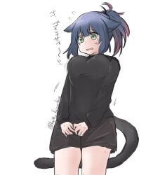 Rule 34 | 1girl, animal ears, arknights, black shirt, black shorts, blue hair, breasts, cat ears, cat girl, cat tail, cowboy shot, crying, crying with eyes open, flying sweatdrops, green eyes, highres, jessica (arknights), kojita kenchin, long sleeves, medium breasts, multicolored hair, shirt, shorts, simple background, solo, streaked hair, tail, tearing up, tears, translation request, twitter username, wavy mouth, white background