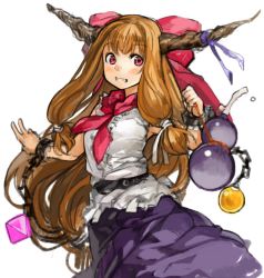 Rule 34 | 1girl, alcohol, blush, bow, chain, cuffs, gourd, grin, hair bow, hair ornament, hair ribbon, horn ornament, horn ribbon, horns, ibuki suika, long hair, looking at viewer, low-tied long hair, md5 mismatch, orange hair, red eyes, resized, ribbon, sachito, sake, shirt, simple background, skirt, sleeveless, smile, solo, teeth, touhou, v, very long hair, white background