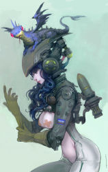 Rule 34 | 1girl, bandaid, bandaids on nipples, blue hair, bodysuit, breasts, colored sclera, dragon, explosive, female focus, forked tongue, functionally nude, gloves, gradient background, grenade, helmet, highres, large breasts, leaning forward, long hair, looking at viewer, pasties, red sclera, revealing clothes, science fiction, serious, soldier, solo, tongue, tongue out, wavy hair, weapon, woorona, yellow eyes