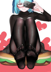 Rule 34 | 1girl, absurdres, blue hair, blush, borrowed character, cellphone, feet, glasses, hamburger-chan (nekoume), highres, looking at viewer, medium hair, one eye covered, pantyhose, phone, red eyes, simple background, smartphone, smile, soles, solo, toes, turtleneck, wavy mouth