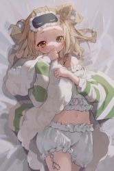 Rule 34 | 1girl, absurdres, bare shoulders, bed sheet, blonde hair, blush, braid, camisole, collarbone, commentary request, commission, covering own mouth, cowboy shot, crop top, eyelashes, frilled camisole, frilled shorts, frills, green eyes, green jacket, heterochromia, highres, hug, hugging object, jacket, long sleeves, looking at viewer, lying, mask, mask on head, midriff peek, multicolored clothes, multicolored jacket, navel, on back, open clothes, open jacket, original, pajamas, red eyes, short hair, short shorts, shorts, sidelighting, single braid, skeb commission, sleep mask, sleeveless, solo, sooon, spaghetti strap, striped clothes, striped jacket, two-tone jacket, white camisole, white jacket, white shorts