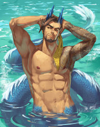 Rule 34 | 1boy, antlers, arm tattoo, arms behind head, arms up, blue background, blue horns, blue scales, blue skin, brown eyes, brown hair, colored skin, dragon boy, horns, looking at viewer, male focus, monster boy, multicolored skin, original, outdoors, paomao, partially submerged, scales, short hair, smile, solo, tattoo, taur, toned, toned male, upper body, very short hair, wet