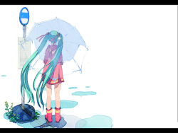Rule 34 | 1girl, boots, bus stop, from behind, green hair, hair ribbon, hatsune miku, legs, letterboxed, long hair, ma (2ql), plant, puddle, ribbon, rubber boots, sign, simple background, solo, transparent, transparent umbrella, twintails, umbrella, very long hair, vocaloid, wind