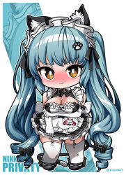 Rule 34 | 1girl, animal ears, apron, arm under breasts, black dress, blue hair, blush, breasts, cat ears, cat tail, character name, chibi, dress, drill hair, elbow gloves, fake animal ears, fake tail, gloves, goddess of victory: nikke, kurono, large breasts, legwear garter, light blue hair, long hair, maid, maid headdress, neck bell, official alternate costume, paw hair ornament, privaty (nikke), privaty (unkind maid) (nikke), solo, tail, thighhighs, twin drills, twintails, twitter username, very long hair, white apron, white gloves, white thighhighs, yellow eyes