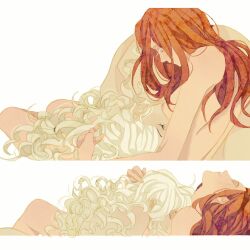 Rule 34 | 2girls, closed eyes, completely nude, couple, dated, freckles, hand on another&#039;s head, highres, kissing breast, long hair, luoman19921, multiple girls, nipples, nude, original, red hair, simple background, smile, white background, white hair, yuri