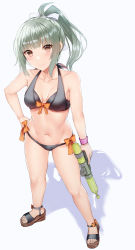 Rule 34 | 1girl, absurdres, barefoot, bikini, black bikini, blush, bow, breasts, brown eyes, collarbone, full body, green hair, groin, hair bow, highres, holding, holding water gun, interstellar, kantai collection, long hair, navel, ponytail, sandals, small breasts, smile, solo, standing, swimsuit, toes, water gun, white bow, yuubari (kancolle), yuubari kai ni (kancolle)