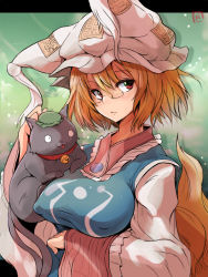 Rule 34 | 1girl, animal ears, animal hat, bell, bespectacled, breasts, chen, chen (cat), collar, covered erect nipples, fox ears, fox tail, glasses, hat, huge breasts, jingle bell, long sleeves, md5 mismatch, mob cap, multiple tails, neck bell, ofuda, orange hair, red eyes, resolution mismatch, ryuno, short hair, source larger, tabard, tail, touhou, two tails, yakumo ran