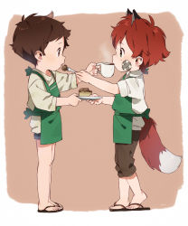 Rule 34 | 2boys, animal ears, apron, bandaid, bandaid on face, bare legs, blue shorts, brown background, brown eyes, brown hair, brown pants, cake, capri pants, collared shirt, copyright request, cup, drink, eye contact, feeding, flip-flops, food, fork, fox boy, fox ears, fox tail, freckles, from side, full body, green apron, green eyes, highres, holding, holding fork, injury, looking at another, male focus, multiple boys, nemui (nemuriyagi), outstretched arms, pants, plate, profile, red hair, sandals, shirt, shorts, simple background, sleeves rolled up, standing, steam, t-shirt, tail, white shirt