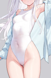 Rule 34 | 1girl, arm up, armpits, breasts, collarbone, covered navel, cowboy shot, facing viewer, grey background, groin, head out of frame, highres, long hair, mignon, one-piece swimsuit, open clothes, open shirt, original, parted lips, shiro-chan (mignon), shirt, simple background, small breasts, solo, swimsuit, white hair, white one-piece swimsuit, white shirt