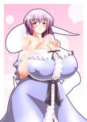 Rule 34 | 1girl, blush, breast hold, breasts, cleavage, curvy, female focus, gomesu, gradient background, hip focus, huge breasts, japanese clothes, plump, purple hair, red eyes, saigyouji yuyuko, short hair, smile, solo, touhou, wide hips
