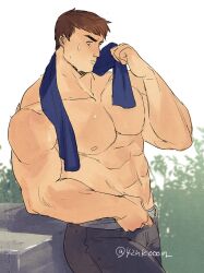 Rule 34 | 1boy, 42nkooon, abs, bara, black pants, blue towel, brown hair, closed mouth, garen (league of legends), large pectorals, league of legends, male focus, muscular, muscular male, navel, nipples, pants, pectorals, short hair, solo, topless male, towel, towel around neck, twitter username