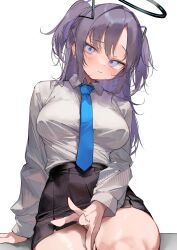 Rule 34 | 1girl, absurdres, black skirt, blue archive, blue necktie, breasts, collared shirt, gradient eyes, halo, highres, light blush, long hair, looking at viewer, mechanical halo, medium breasts, multicolored eyes, necktie, outstretched hand, panties, panty peek, pepq, pleated skirt, purple eyes, purple hair, raised eyebrow, shirt, simple background, sitting, skirt, solo, straight-on, thighs, triangle hair ornament, twintails, underwear, white background, white shirt, yuuka (blue archive)
