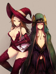 Rule 34 | 2girls, artdink, breasts, brown hair, cressida obdilord, deneb rhode, deneb rove, elbow gloves, gloves, hat, jewelry, kara (color), legs, long hair, long legs, multiple girls, necklace, necromancer, panties, robe, tactics ogre, thighhighs, thighs, underwear, witch hat