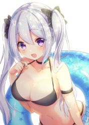 Rule 34 | 1girl, :d, absurdres, aoba chise, aoba project, armband, bare shoulders, bikini, black bikini, bow, breasts, choker, cleavage, collarbone, commentary request, gomano rio, hair bow, halterneck, hand up, highres, innertube, large breasts, leaning forward, long hair, looking at viewer, navel, official art, open mouth, purple eyes, sarong, sidelocks, silver hair, simple background, smile, solo, star (symbol), star print, stomach, strap pull, swim ring, swimsuit, twintails, upper body, white background