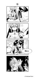 Rule 34 | 2girls, 4koma, breasts, chain headband, clothing cutout, comic, commentary, controller, couch, covering own mouth, detached sleeves, english text, game controller, gloves, greyscale, hand on another&#039;s shoulder, highres, holding, holding controller, holding game controller, hololive, hololive english, large breasts, medium breasts, monochrome, multiple girls, nanashi mumei, ouro kronii, playstation controller, ponytail, sitting, taka t, trembling, underboob, underboob cutout, veil, virtual youtuber