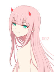 Rule 34 | 10s, 1girl, bad id, bad pixiv id, blush, breasts, closed mouth, darling in the franxx, green eyes, horns, long hair, looking at viewer, medium breasts, nude, pink hair, seungju lee, smile, solo, upper body, zero two (darling in the franxx)