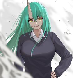 Rule 34 | 1girl, :d, alternate costume, arknights, breasts, casual, collared shirt, commentary request, crossed legs, dress shirt, dutou, green hair, grey sweater, hair between eyes, hand on own hip, highres, horns, hoshiguma (arknights), large breasts, long hair, long sleeves, looking at viewer, open mouth, scar, shirt, single horn, skin-covered horns, smile, sweater, white shirt, yellow eyes