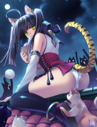 Rule 34 | 1girl, animal ears, anklet, ass, baozi, black hair, black thighhighs, cat, detached sleeves, food, full moon, green eyes, jewelry, legs, long hair, long legs, looking back, moon, mouth hold, night, original, panties, riv (rivleaf), rooftop, sitting, solo, tail, thighhighs, thighs, tiger ears, tiger tail, too many, too many cats, twintails, underwear, white panties, yellow eyes