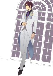 Rule 34 | 1boy, black shirt, collared shirt, formal, full body, grey vest, highres, long sleeves, looking at viewer, male focus, munakata touya, necktie, purple necktie, readyyy!, red eyes, red hair, seiyyy, shirt, short hair, solo, suit, vest, white background, white suit, window