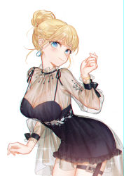 Rule 34 | 1girl, absurdres, alternate hairstyle, bead necklace, beads, black dress, black ribbon, blonde hair, blue eyes, blush, breasts, cleavage, closed mouth, commentary, cowboy shot, diamond earrings, dress, earrings, english commentary, eyelashes, frilled dress, frills, hair bun, highres, hololive, hololive english, jewelry, leaning forward, looking at viewer, medium breasts, mole, mole on breast, necklace, official alternate costume, ribbon, see-through, see-through sleeves, short dress, short hair, simple background, single hair bun, smile, smilesmile1312, solo, spaghetti strap, sparkle, thigh strap, virtual youtuber, watch, watson amelia, watson amelia (party dress), white background, wrist ribbon, wristwatch